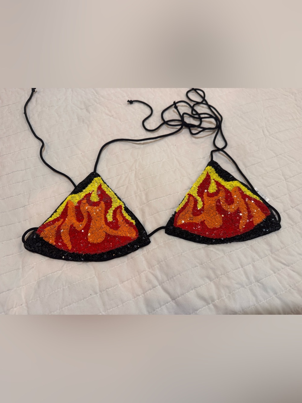 Sequin Flame Triangle Bikini Top - Red/Orange/Yellow